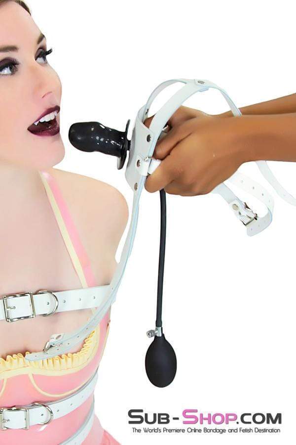 Sissy 0961A-SIS      Sissy Slave Dare Pump It Up Female Led Relationship White Leather Penis Pump Gag Trainer