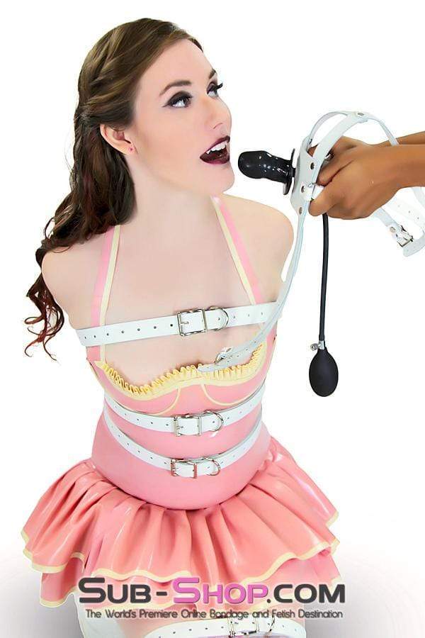 Sissy 0961A-SIS      Sissy Slave Dare Pump It Up Female Led Relationship White Leather Penis Pump Gag Trainer