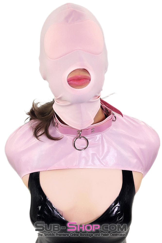 Sissy 1145DL-SIS      Pink Sissy Spandex Open Mouth Hood with Sewn In Blindfold