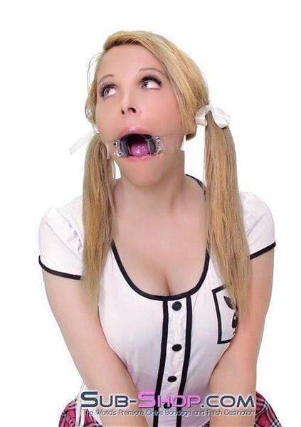 Sissy 1495A-SIS      Pretty Forced Feminization Sissy Wench Clearly Wide Open Luxe Clear PVC Wide Strap Plastic Ring Gag