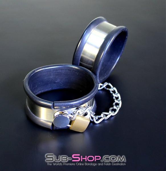 Steel Bondage 1844M      Steel Your Heart Rubber Lined Stainless Steel Locking Cuffs