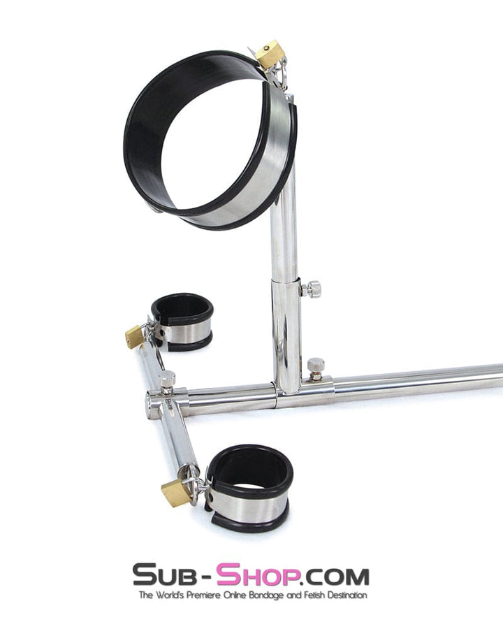 Steel Bondage 6916M      Dildo Stockade with Rubber Lined Collar, Wrist and Ankle Cuffs